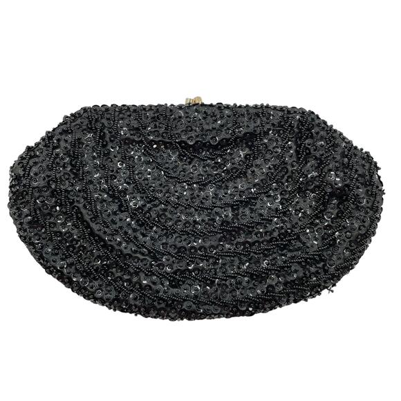 Vintage 50s Black Silk Beaded Formal Evening Bag Clutch Retro Glam - Picture 1 of 12